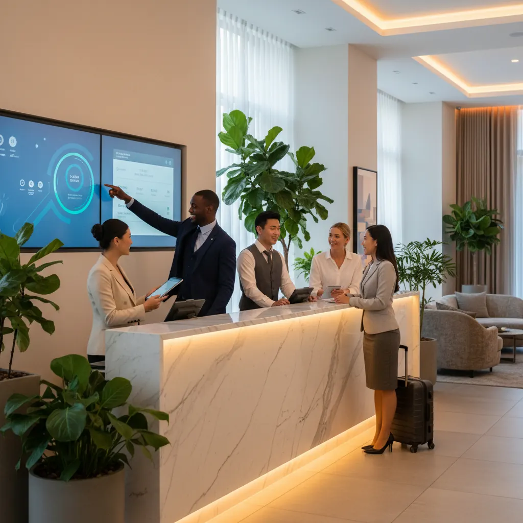 Hotel reservation software — diverse front-desk team managing bookings on a RoTeix dashboard
