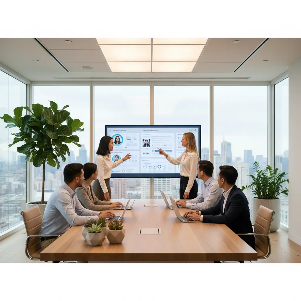 AI HR tools — diverse HR team reviewing AI-powered candidate screening and onboarding dashboard