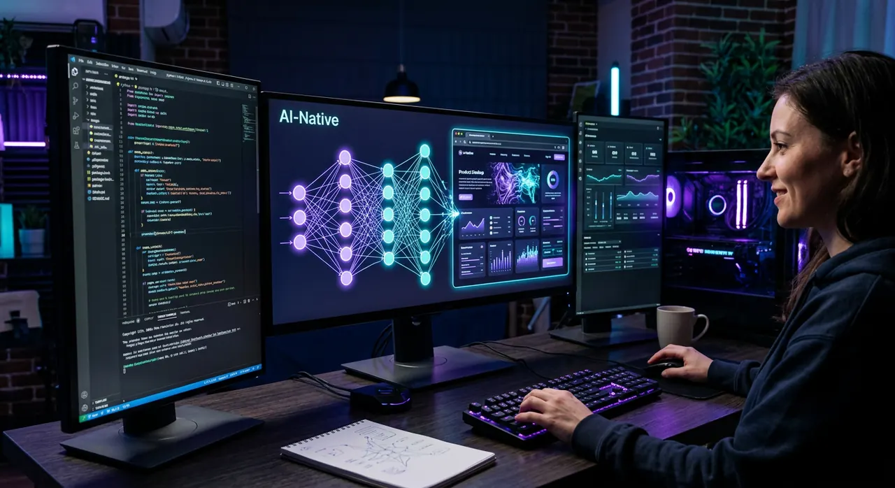 AI-Native — developer workspace with neural network visualization integrated directly into product UI