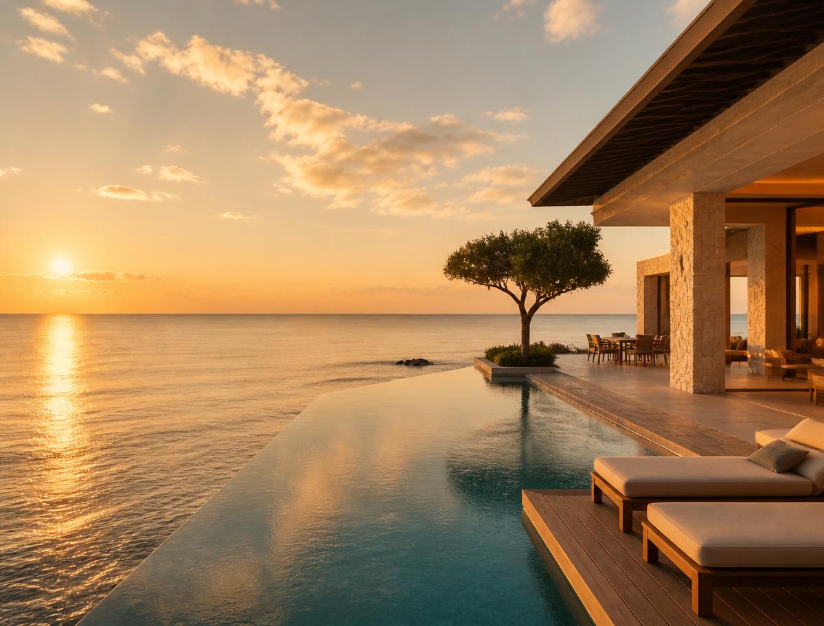 Waterline resort at golden hour with infinity pool