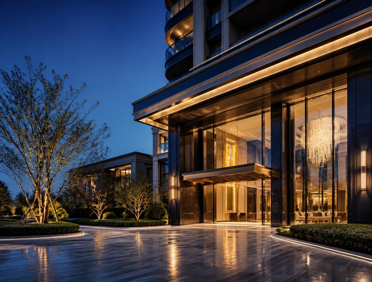 Elegant modern residential building at twilight