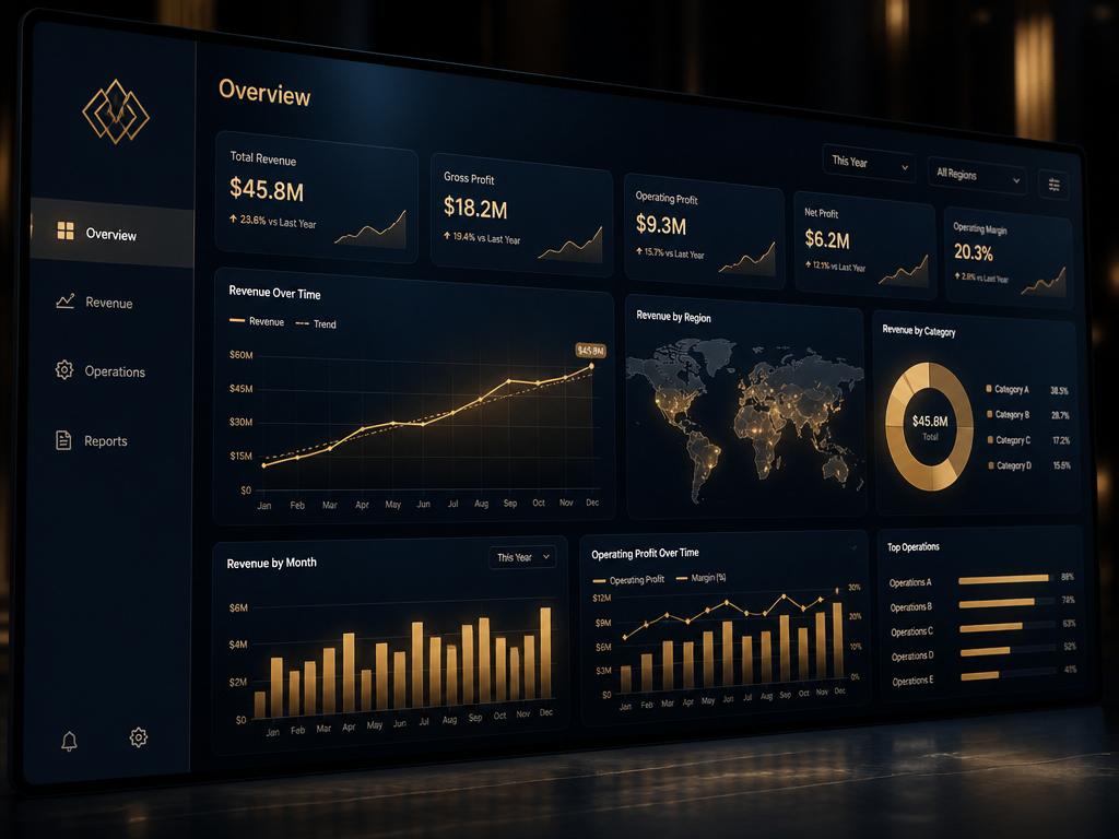 Cinematic business operations dashboard glowing on a large dark screen with champagne-gold revenue charts and KPI tiles