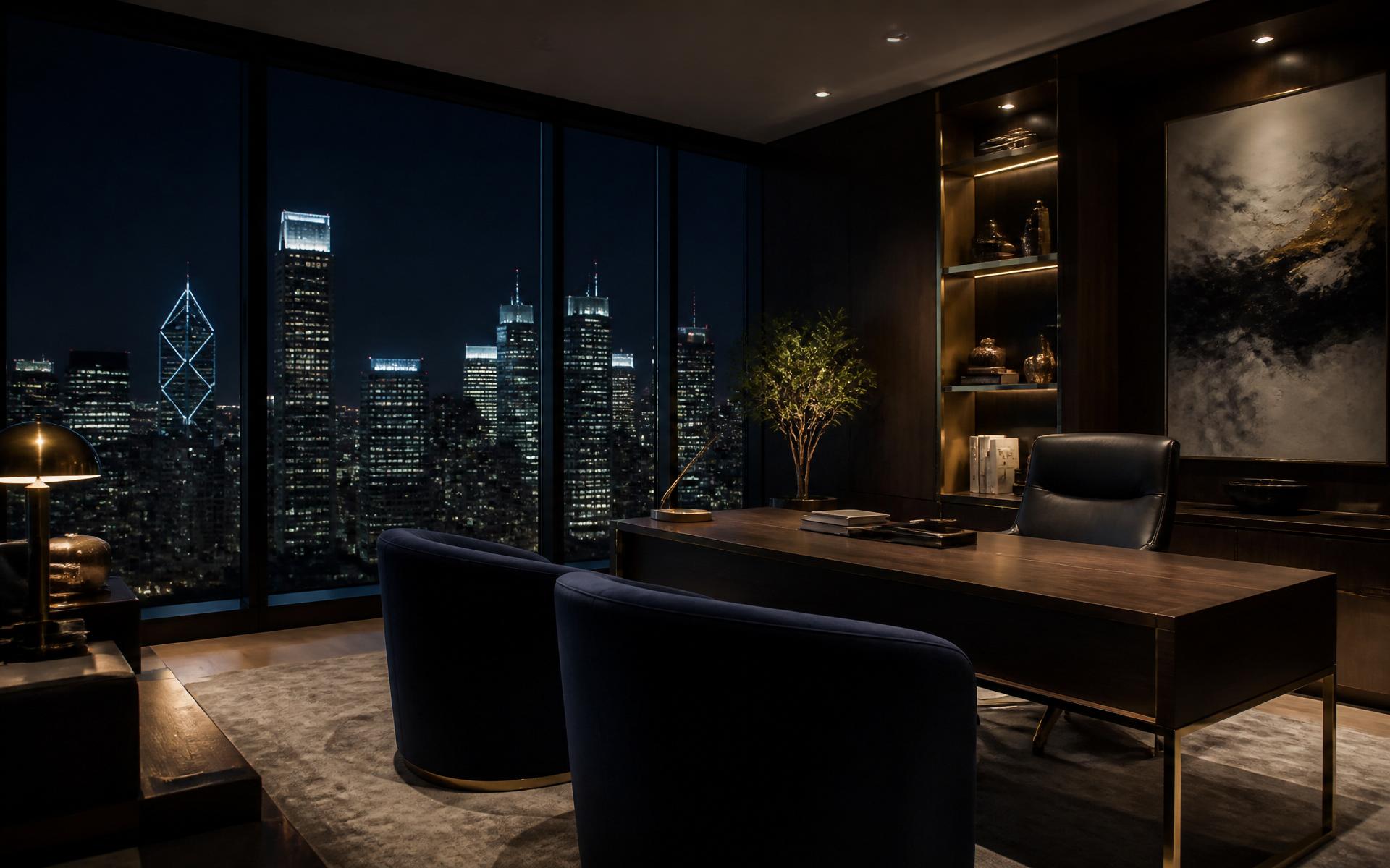 Night-city penthouse office overlooking a glittering downtown skyline
