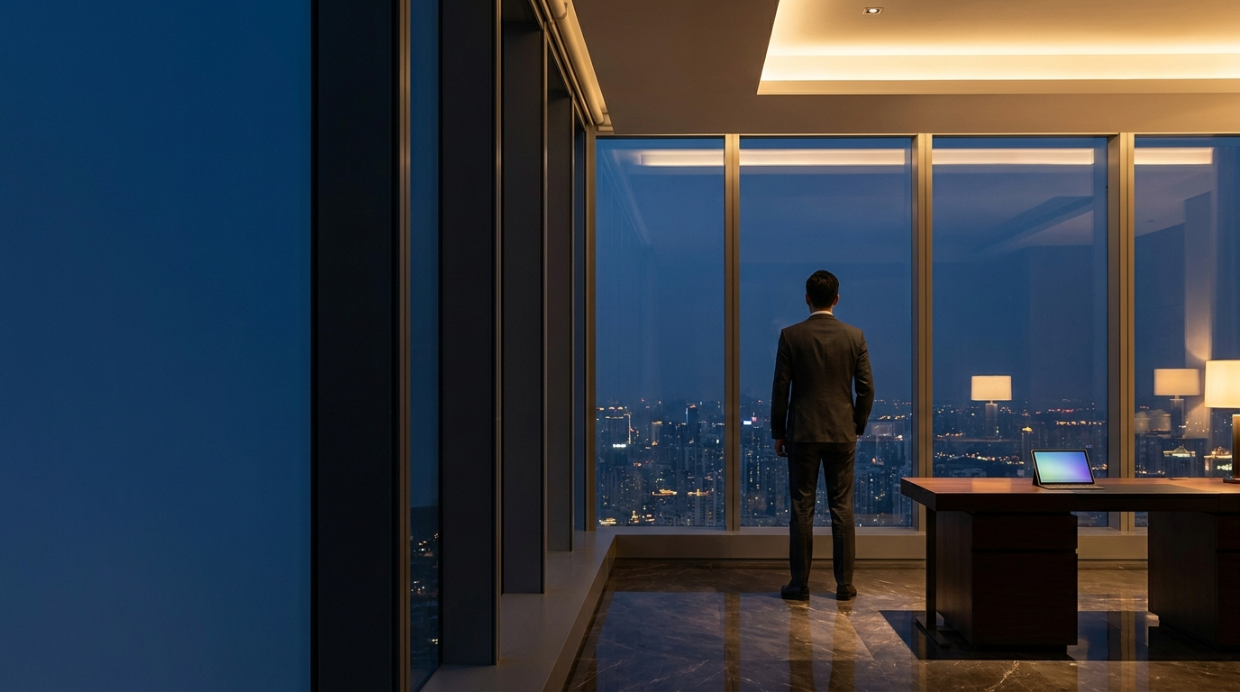Business owner in a tailored suit overlooking a glittering city skyline at dusk from a penthouse office